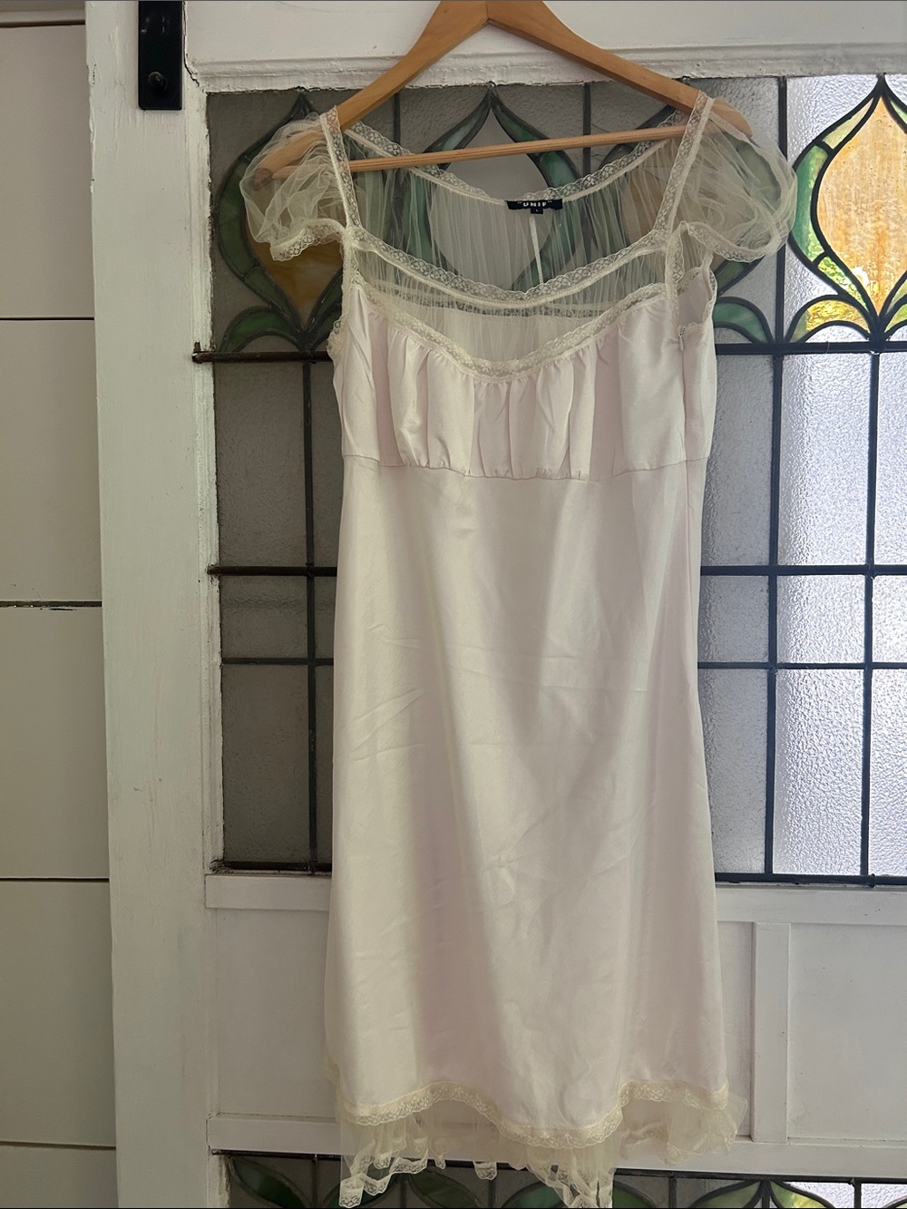 UNIF Ivory Lace-Trim Sheer Shoulder Slip Dress